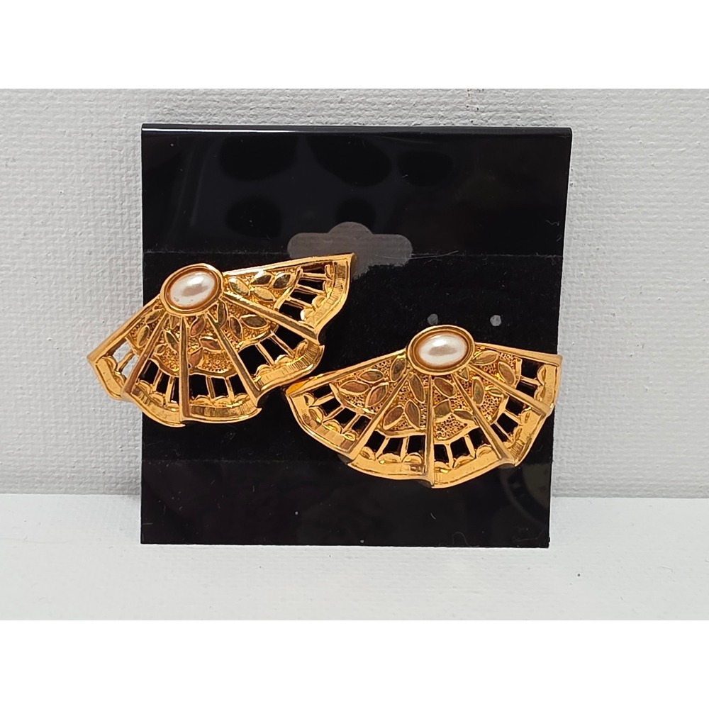 Vintage Avon Gold Tone Fan Earrings Faux Pearl Art Deco Style Studs